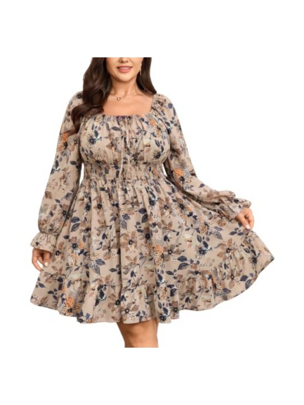 Plus Size Floral Mini Dress Square Neck Ruffle Long Sleeve Smocked Casual